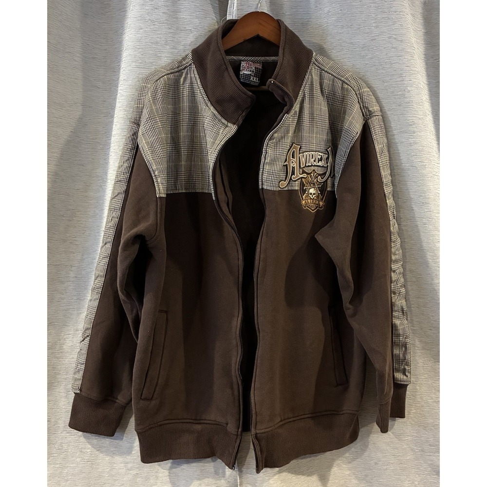 Avirex NYC Mens Track Jacket Full Zip Brown Plaid Logo Patch Size XXL Y2K